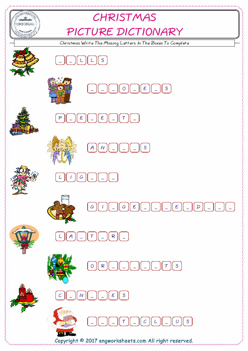  Type in the blank and learn the missing letters in the Christmas words given for kids English worksheet. 